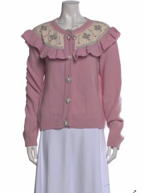 Hill House Pink Ruffle Yoke Cardigan with Cream Floral Knit